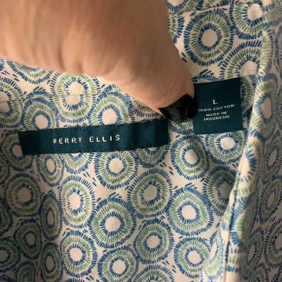 Perry Ellis Button Up Short Sleeve Shirt L White Green Circles Collar Cotton - Picture 6 of 6